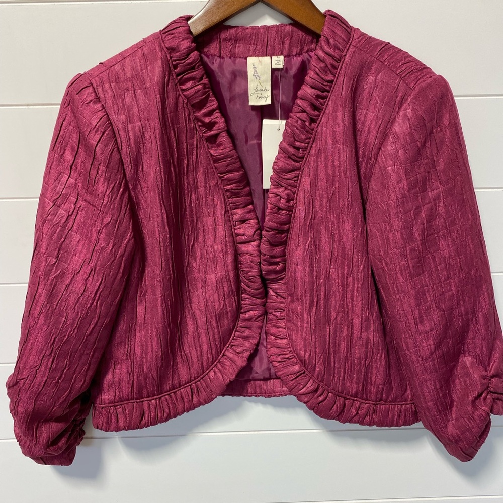 Lavender and Honey Crushed ruffled 3/4 sleeve lined jacket